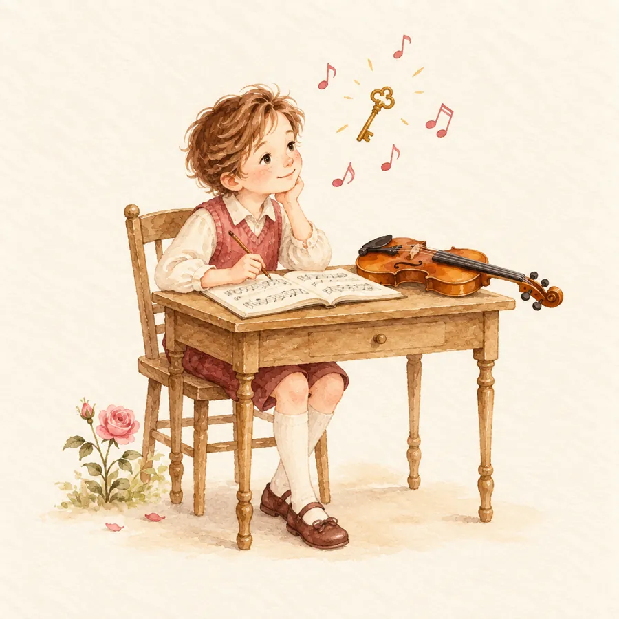楽譜を前にひらめく男の子の挿絵